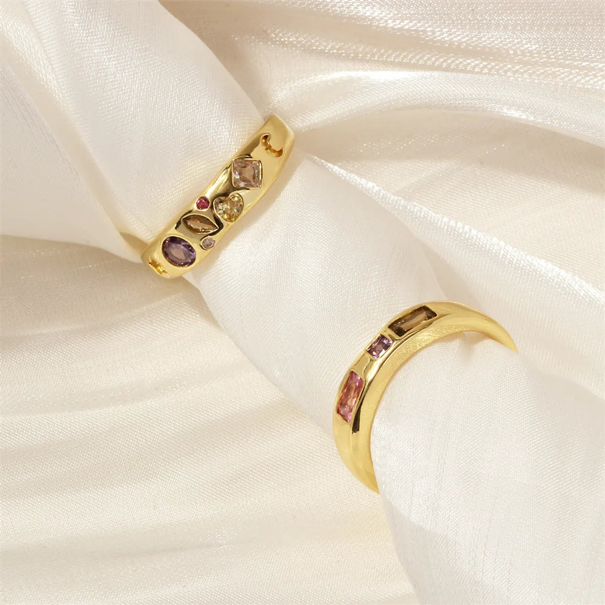 Ig Style Simple Style Round Moon Heart Shape Copper Plating Inlay Zircon 18k Gold Plated Open Rings