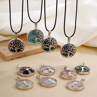 Ig Style Simple Style Round Tree Stainless Steel Natural Stone Leather Rope Inlay Natural Stone Pendant Necklace