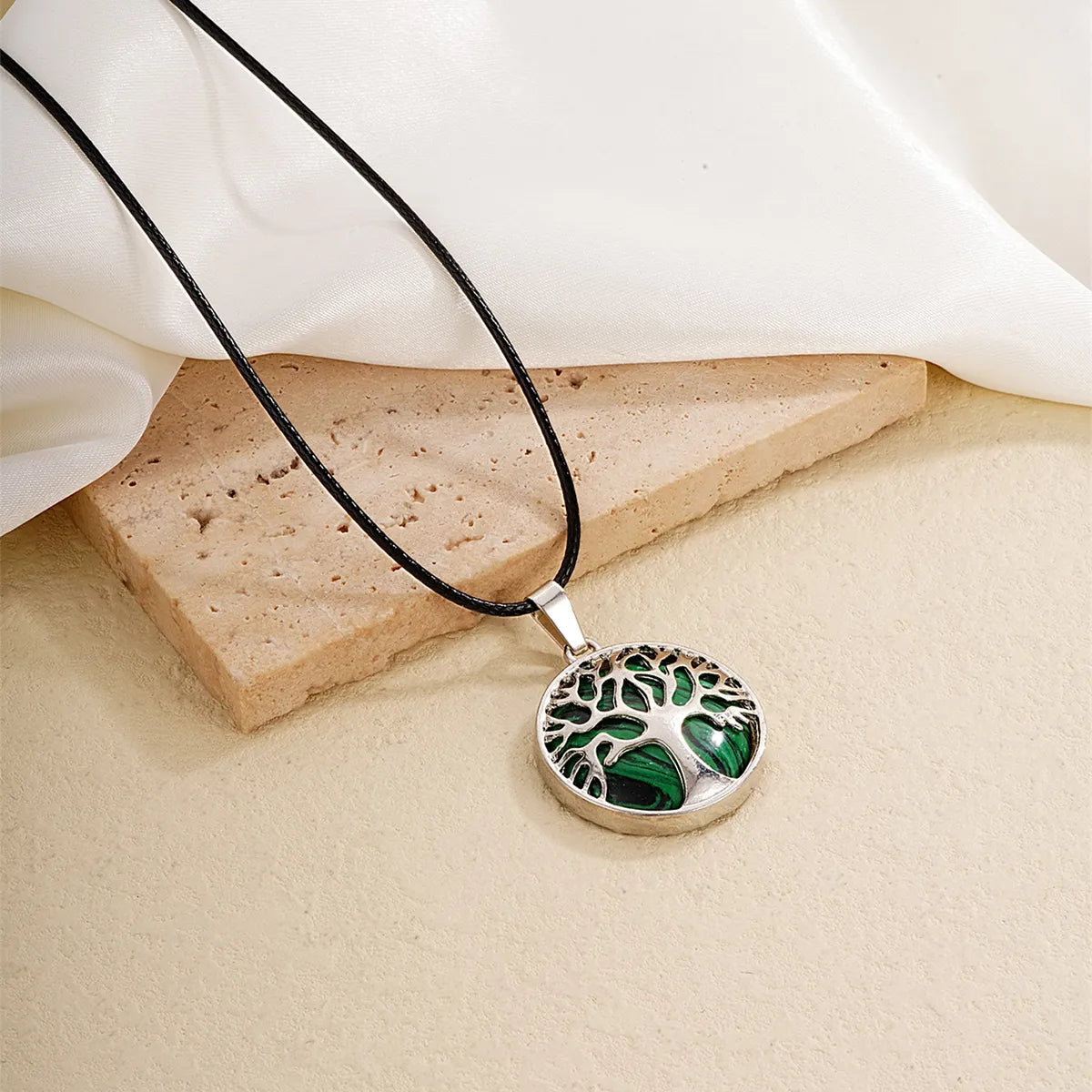 Ig Style Simple Style Round Tree Stainless Steel Natural Stone Leather Rope Inlay Natural Stone Pendant Necklace