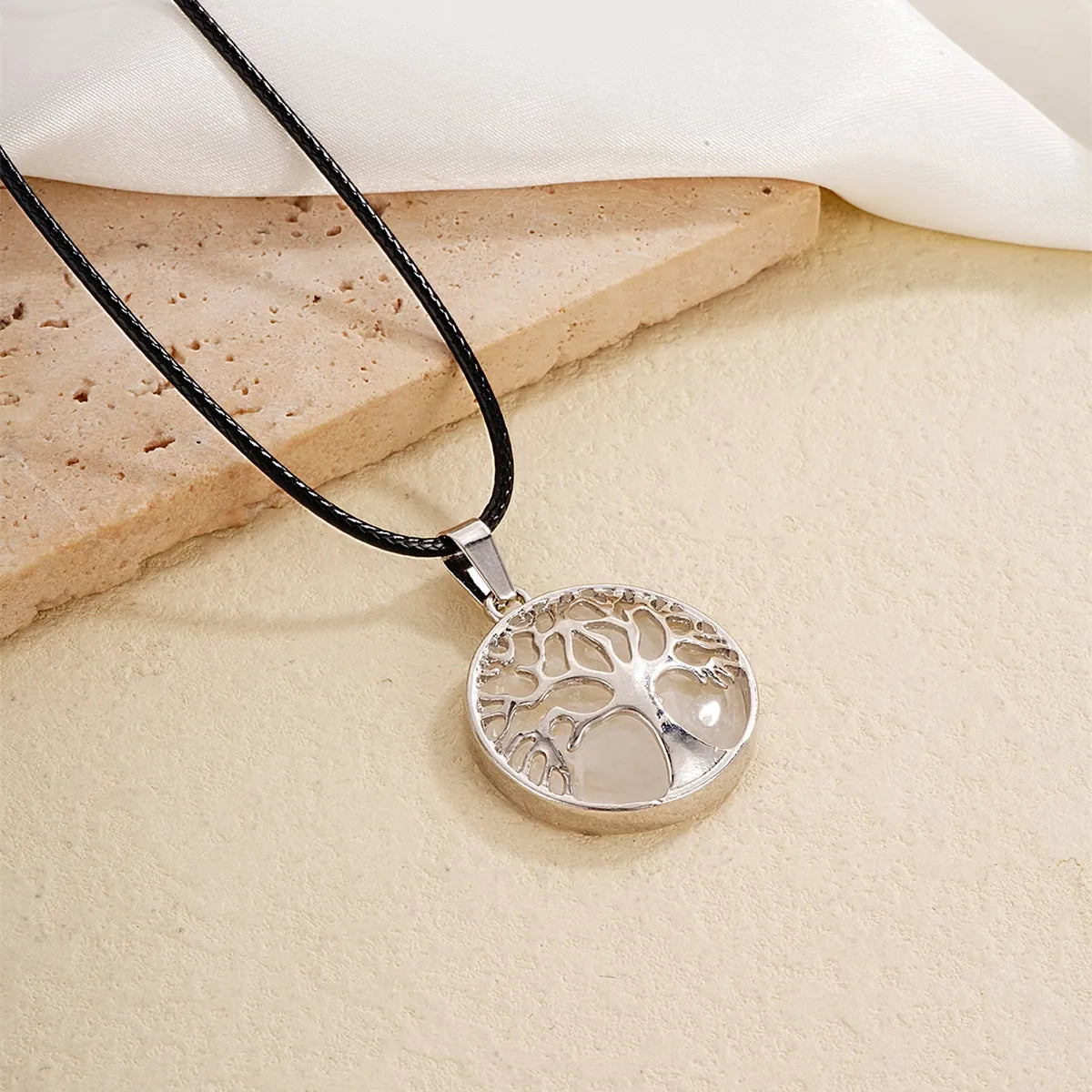 Ig Style Simple Style Round Tree Stainless Steel Natural Stone Leather Rope Inlay Natural Stone Pendant Necklace