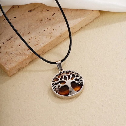 Ig Style Simple Style Round Tree Stainless Steel Natural Stone Leather Rope Inlay Natural Stone Pendant Necklace