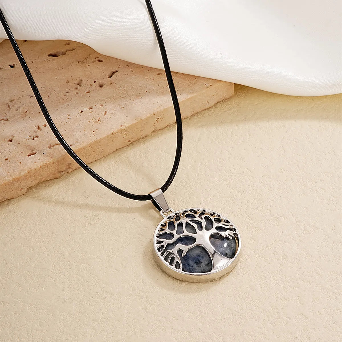 Ig Style Simple Style Round Tree Stainless Steel Natural Stone Leather Rope Inlay Natural Stone Pendant Necklace