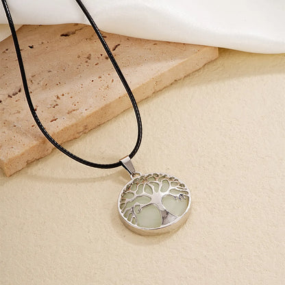 Ig Style Simple Style Round Tree Stainless Steel Natural Stone Leather Rope Inlay Natural Stone Pendant Necklace