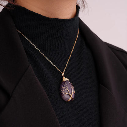 Ig Style Simple Style Water Droplets Stainless Steel Natural Stone Knitting Pendant Necklace