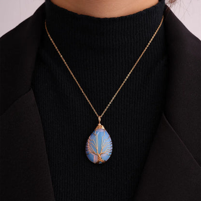 Ig Style Simple Style Water Droplets Stainless Steel Natural Stone Knitting Pendant Necklace