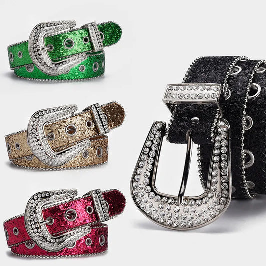 IG Style Solid Color Imitation Leather Alloy Sequins Inlay Rhinestones Women'S Leather Belts