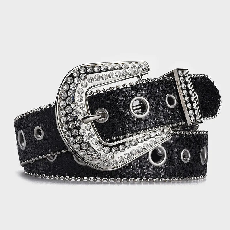 IG Style Solid Color Imitation Leather Alloy Sequins Inlay Rhinestones Women'S Leather Belts