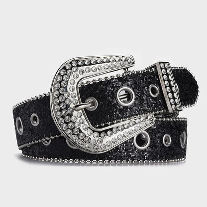 IG Style Solid Color Imitation Leather Alloy Sequins Inlay Rhinestones Women'S Leather Belts