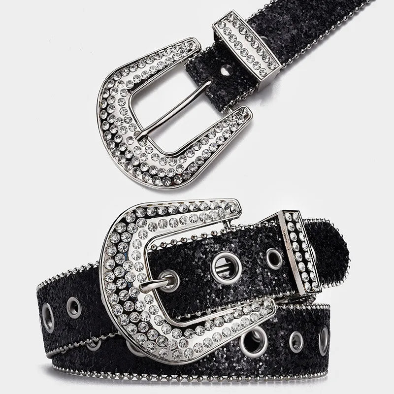 IG Style Solid Color Imitation Leather Alloy Sequins Inlay Rhinestones Women'S Leather Belts