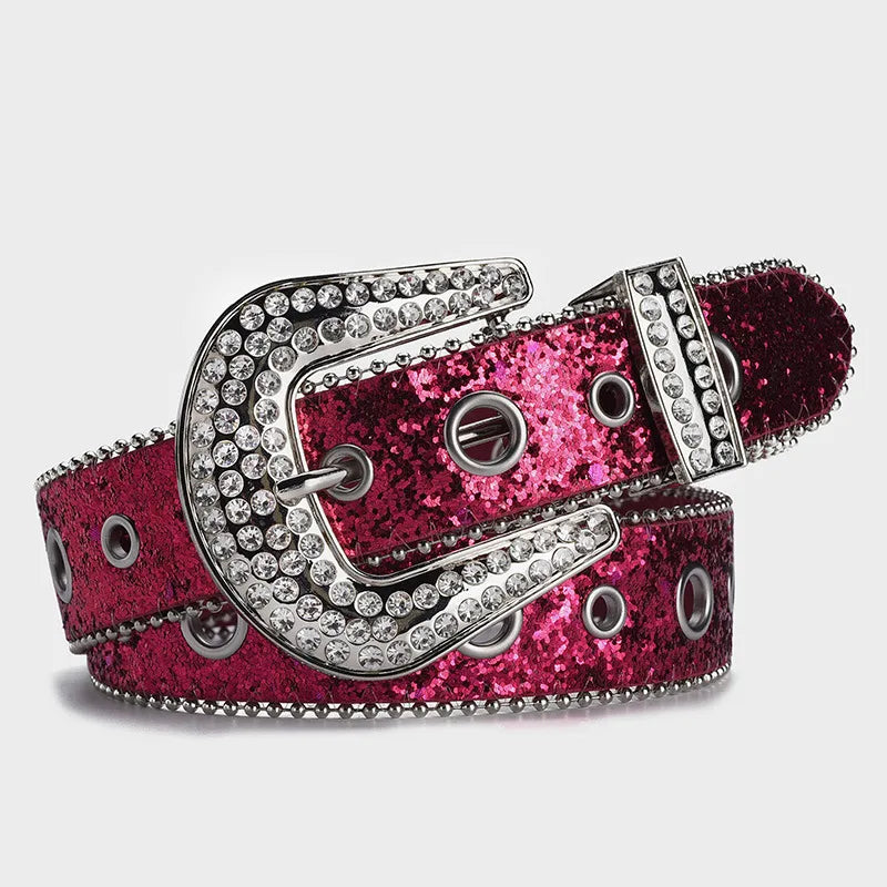 IG Style Solid Color Imitation Leather Alloy Sequins Inlay Rhinestones Women'S Leather Belts