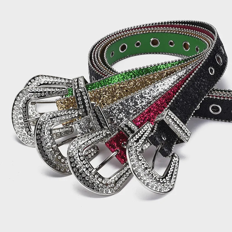 IG Style Solid Color Imitation Leather Alloy Sequins Inlay Rhinestones Women'S Leather Belts