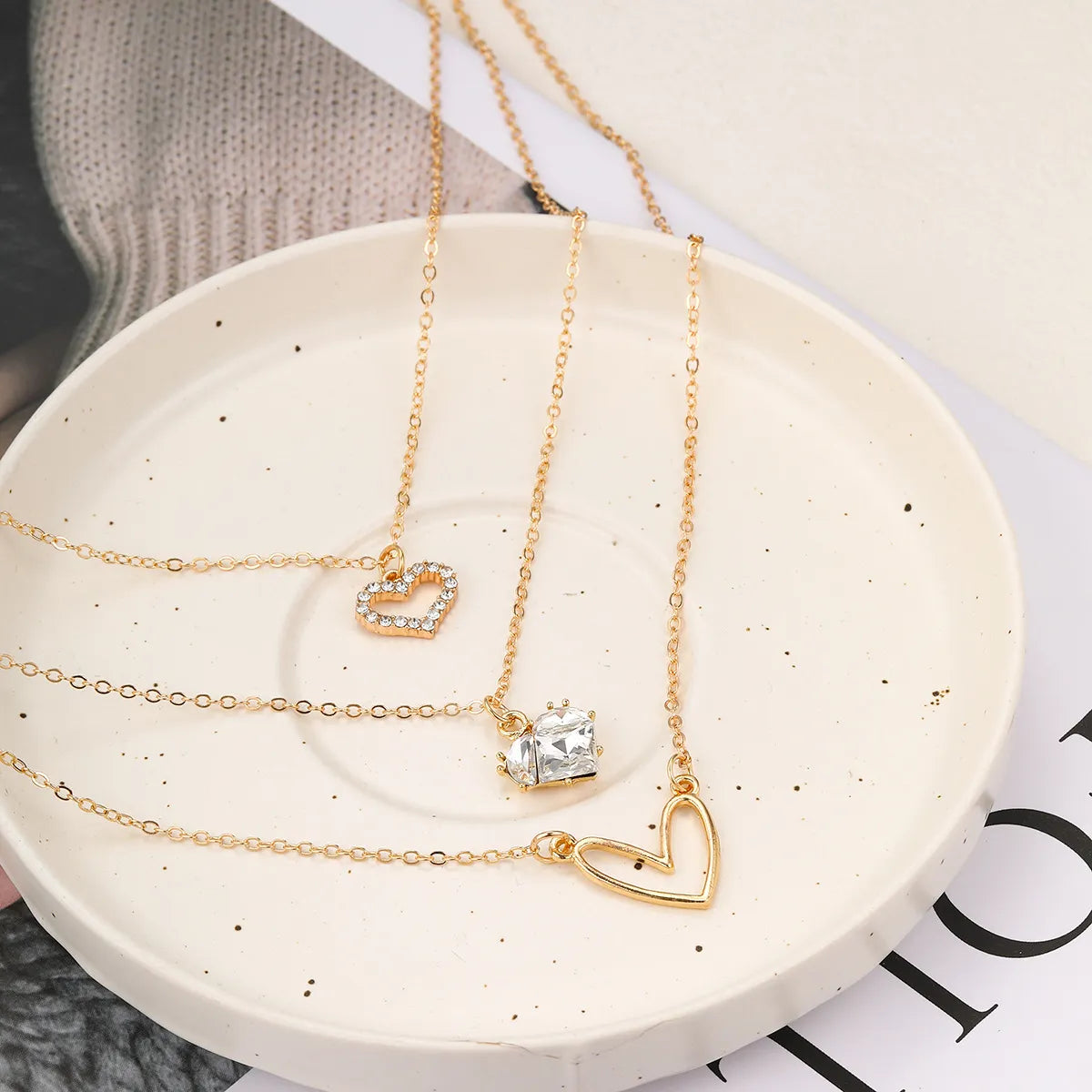 Ig Style Star Moon Heart Shape Alloy Hollow Out Inlay Rhinestones Women's Three Layer Necklace