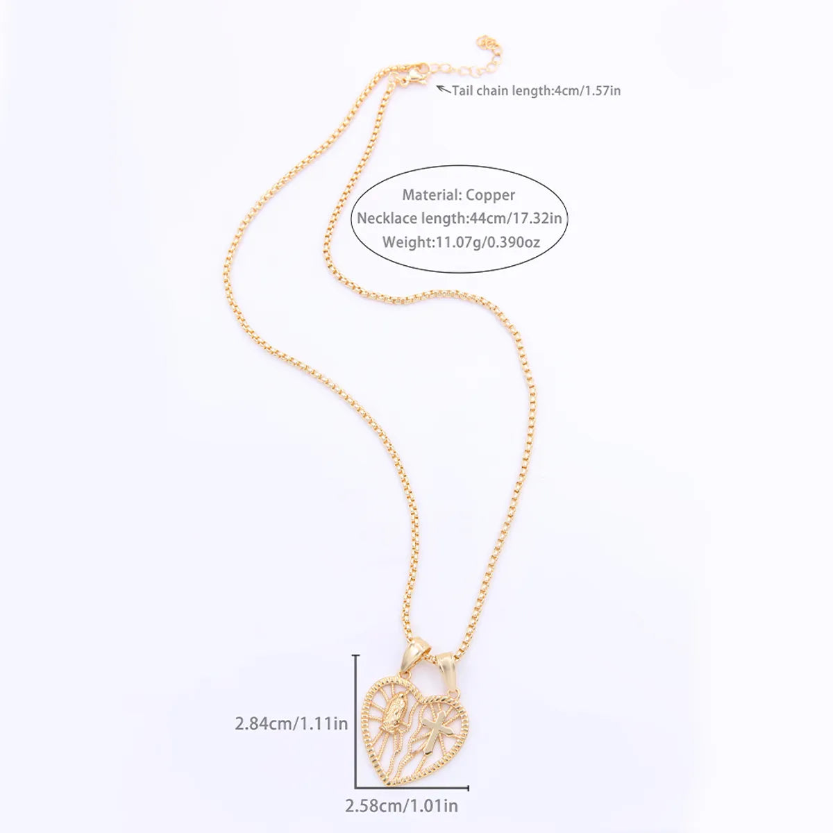 Ig Style Streetwear Cross Virgin Mary Heart Shape Copper Indentation Polishing Plating 18k Gold Plated Pendant Necklace