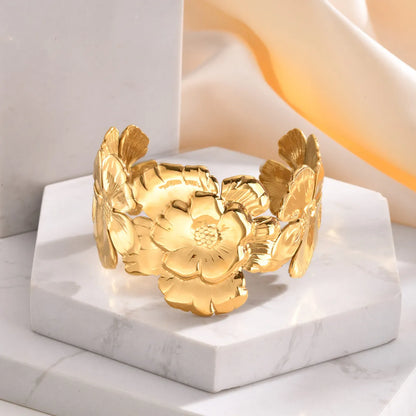 IG Style Streetwear Oversized Flower 304 Stainless Steel 18K Gold Plated Wide Bracelet In Bulk