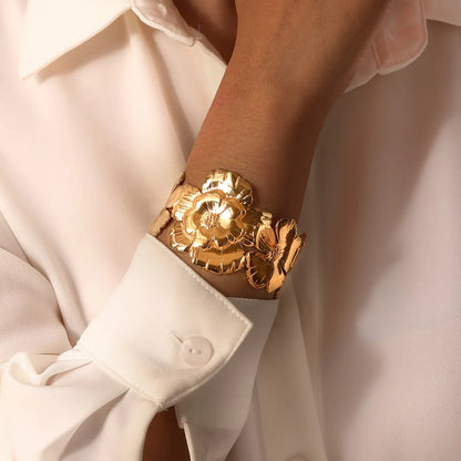 IG Style Streetwear Oversized Flower 304 Stainless Steel 18K Gold Plated Wide Bracelet In Bulk