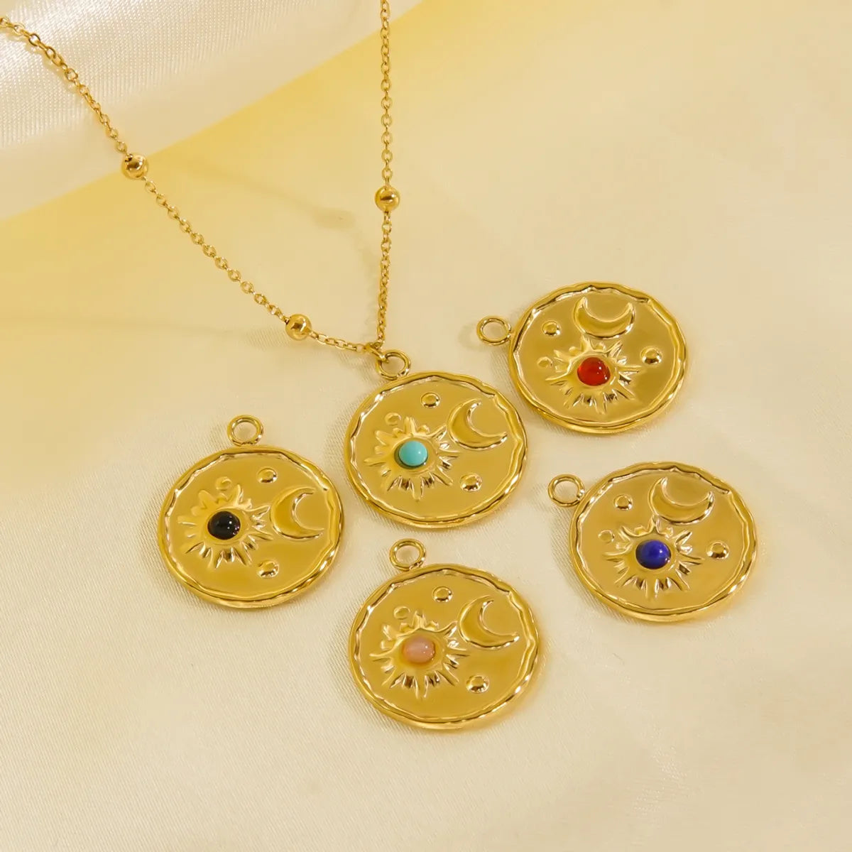 Ig Style Sun Moon Titanium Steel Plating Inlay Natural Stone 14k Gold Plated Pendant Necklace