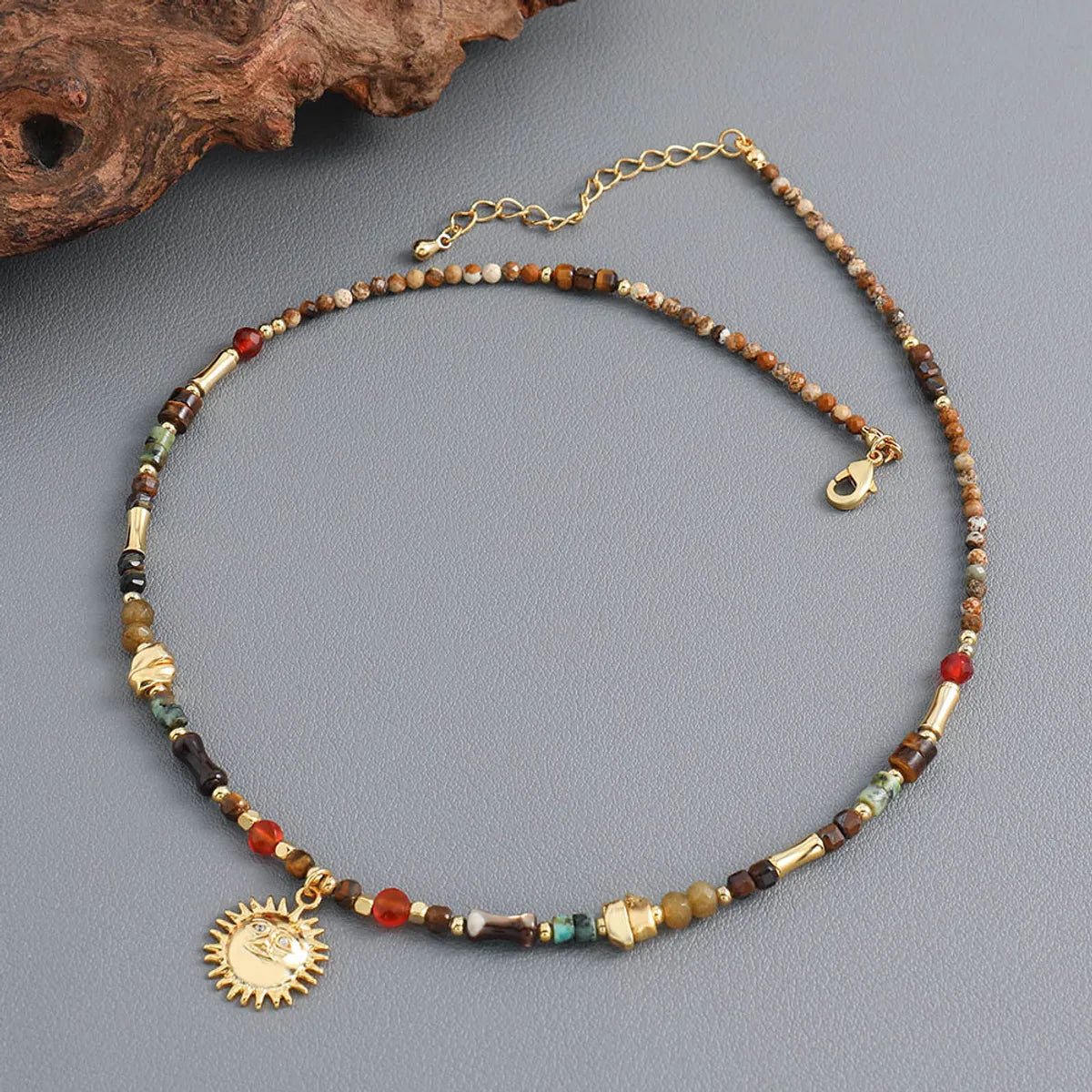 Ig Style Sun Natural Stone Copper Beaded Handmade Inlay Zircon Pendant Necklace