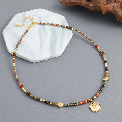 Ig Style Sun Natural Stone Copper Beaded Handmade Inlay Zircon Pendant Necklace