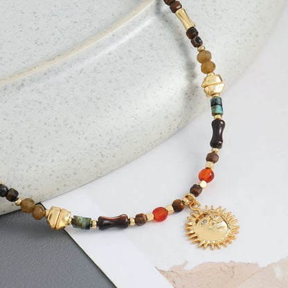 Ig Style Sun Natural Stone Copper Beaded Handmade Inlay Zircon Pendant Necklace