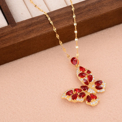 Ig Style Sweet Butterfly Copper Plating Inlay Zircon Pendant Necklace