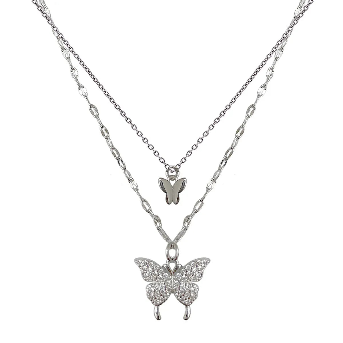 Ig Style Sweet Butterfly Sterling Silver Zircon Layered Necklaces In Bulk