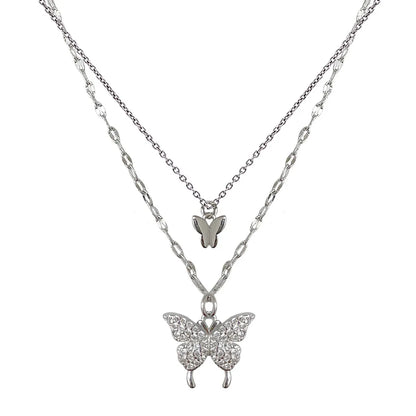 Ig Style Sweet Butterfly Sterling Silver Zircon Layered Necklaces In Bulk