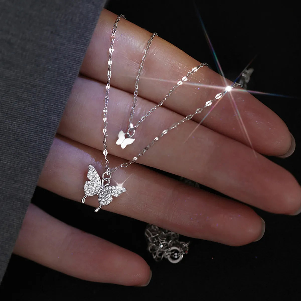 Ig Style Sweet Butterfly Sterling Silver Zircon Layered Necklaces In Bulk