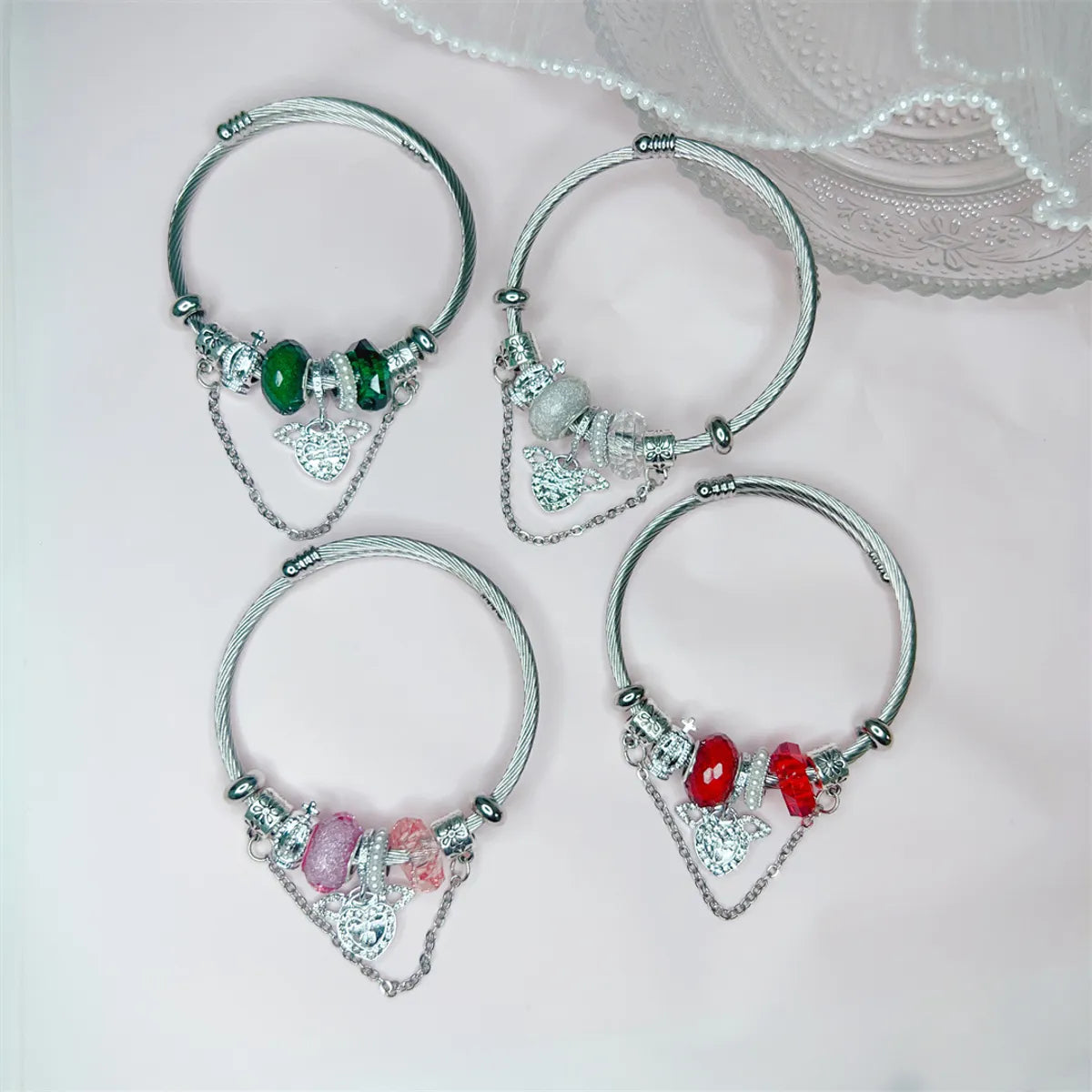 Ig Style Sweet Heart Shape Stainless Steel Alloy Resin Beaded Plating Inlay Rhinestones Bangle