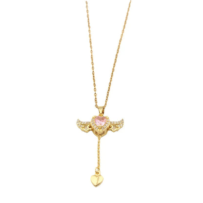 Ig Style Sweet Heart Shape Wings Titanium Steel Copper Plating Inlay Zircon Pendant Necklace