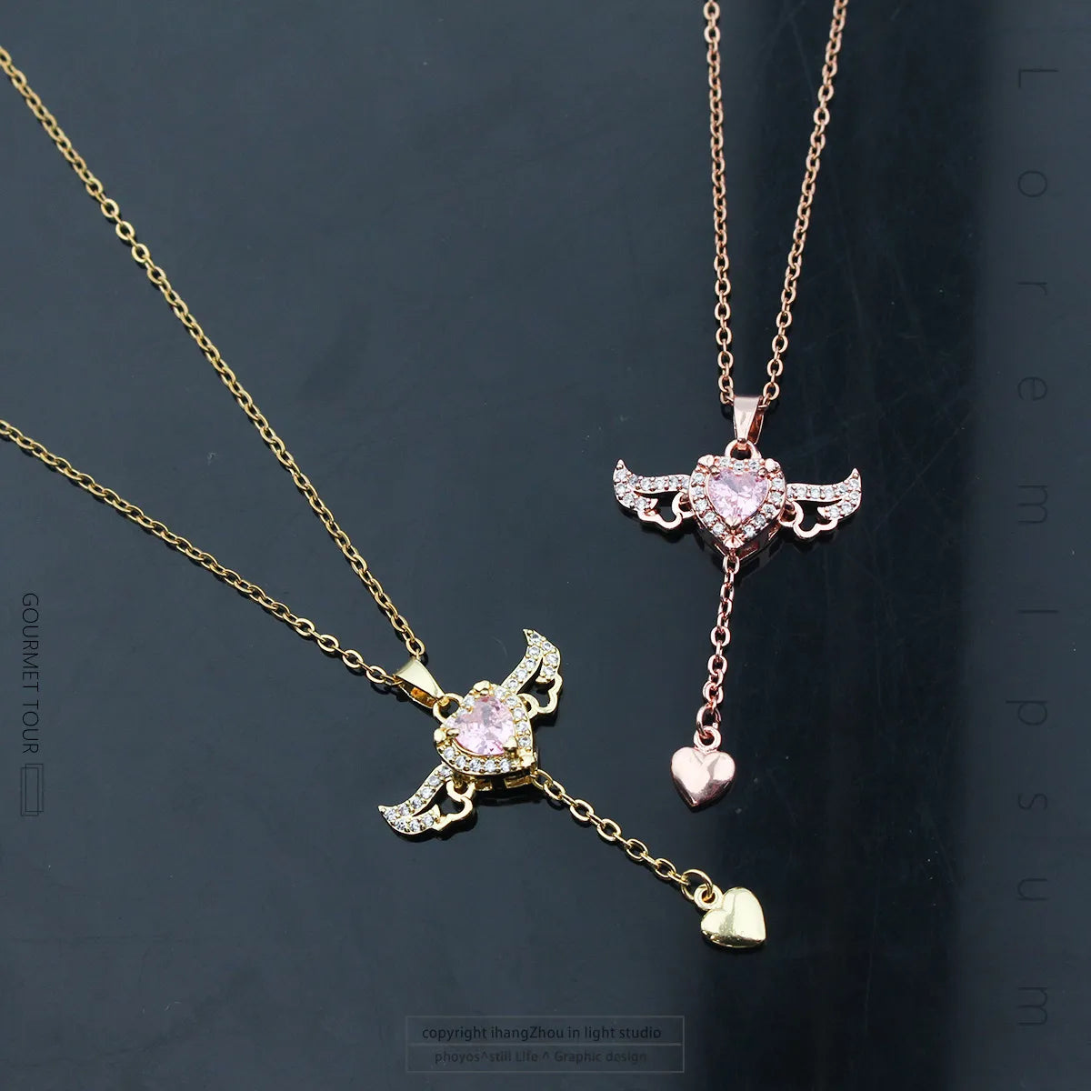 Ig Style Sweet Heart Shape Wings Titanium Steel Copper Plating Inlay Zircon Pendant Necklace