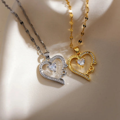 Ig Style Sweet Love Heart Shape Copper Plating Inlay Zircon 18k Gold Plated Pendant Necklace