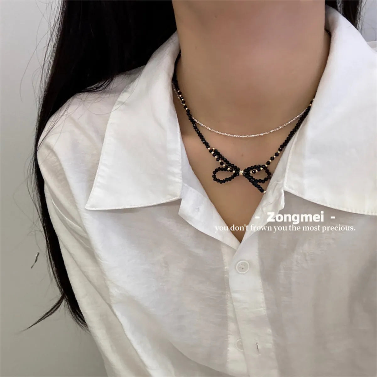 IG Style Sweet Shiny Bow Knot Crystal Titanium Steel Necklace In Bulk