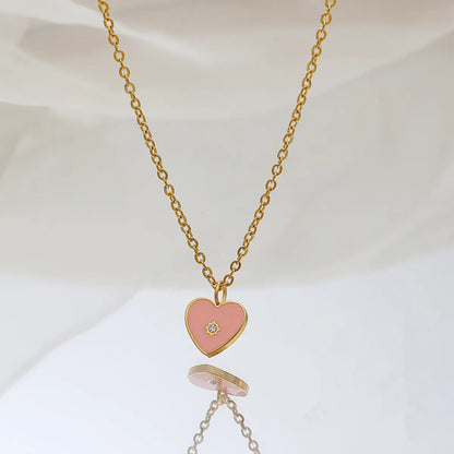 Ig Style Sweet Simple Style Heart Shape Stainless Steel Epoxy Plating Inlay Zircon 18k Gold Plated Pendant Necklace