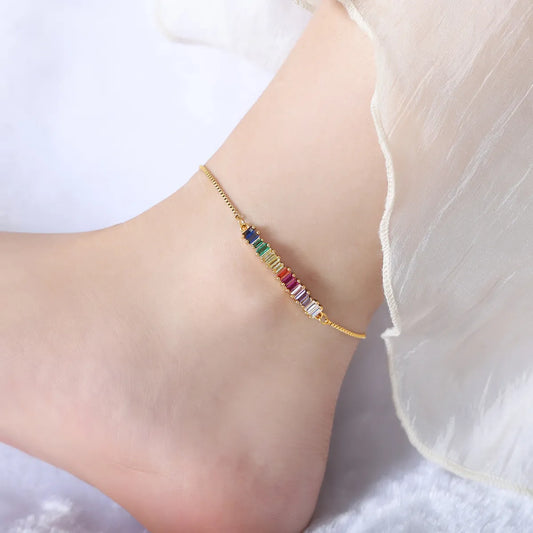 Ig Style Vacation Rectangle Titanium Steel Plating Inlay Zircon 18k Gold Plated Women's Anklet