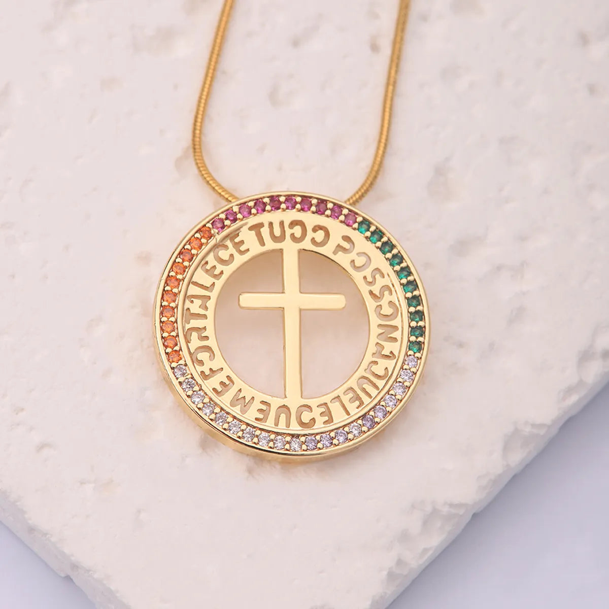 Ig Style Vintage Style Cross Stainless Steel Artificial Gemstones Copper Plating Inlay Zircon 18k Gold Plated Pendant Necklace