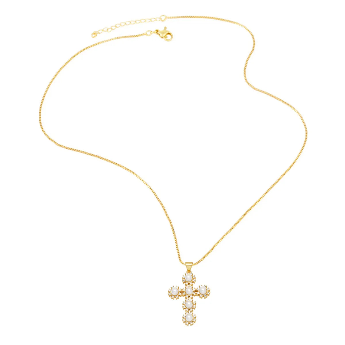 Ig Style Vintage Style Fashion Cross Copper Plating Inlay Pearl Zircon 18k Gold Plated Necklace