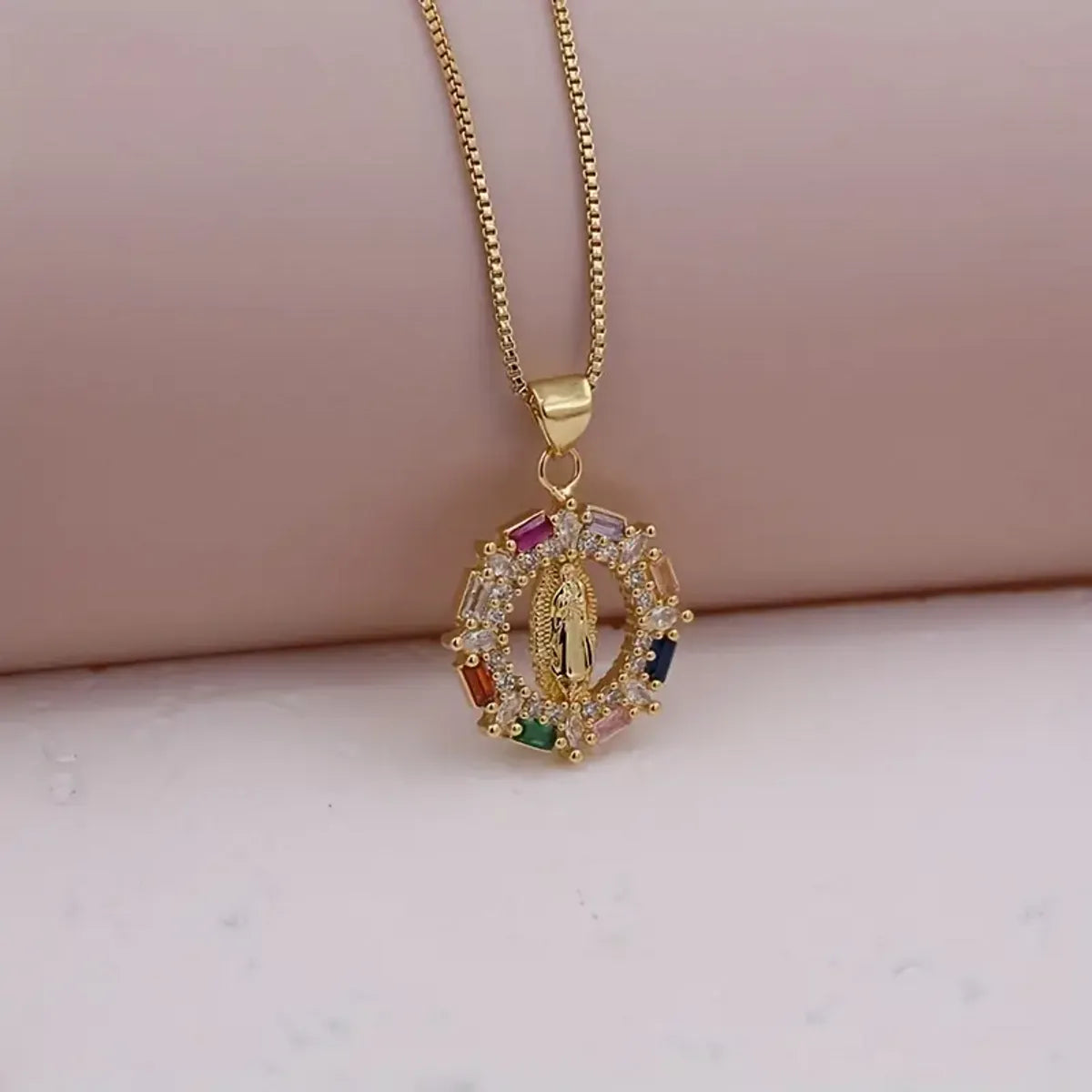 Ig Style Virgin Mary Copper Plating Inlay Zircon 18k Gold Plated Pendant Necklace