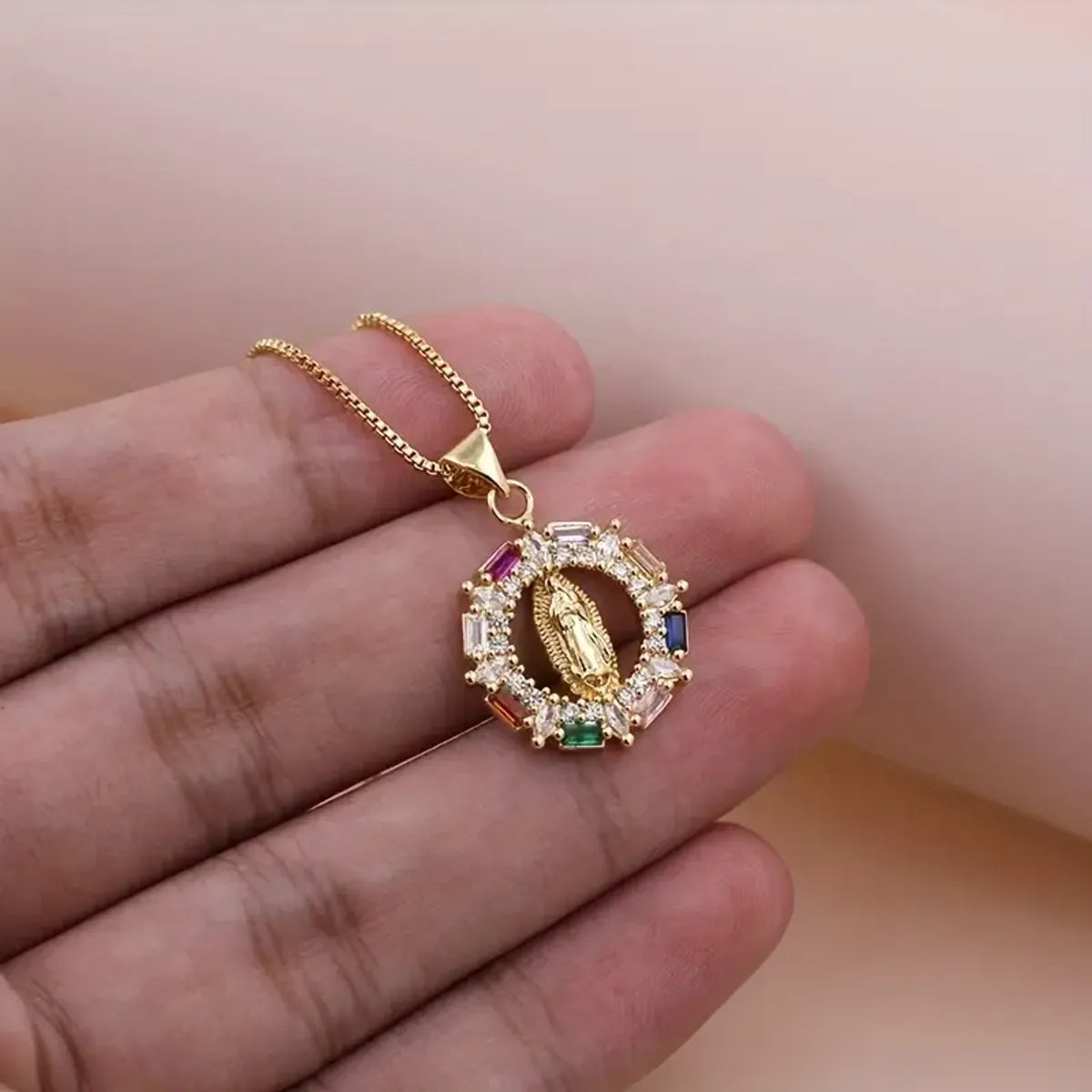 Ig Style Virgin Mary Copper Plating Inlay Zircon 18k Gold Plated Pendant Necklace