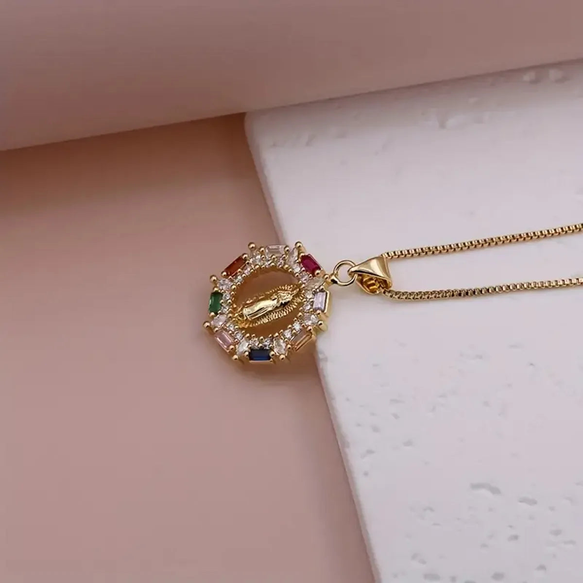 Ig Style Virgin Mary Copper Plating Inlay Zircon 18k Gold Plated Pendant Necklace