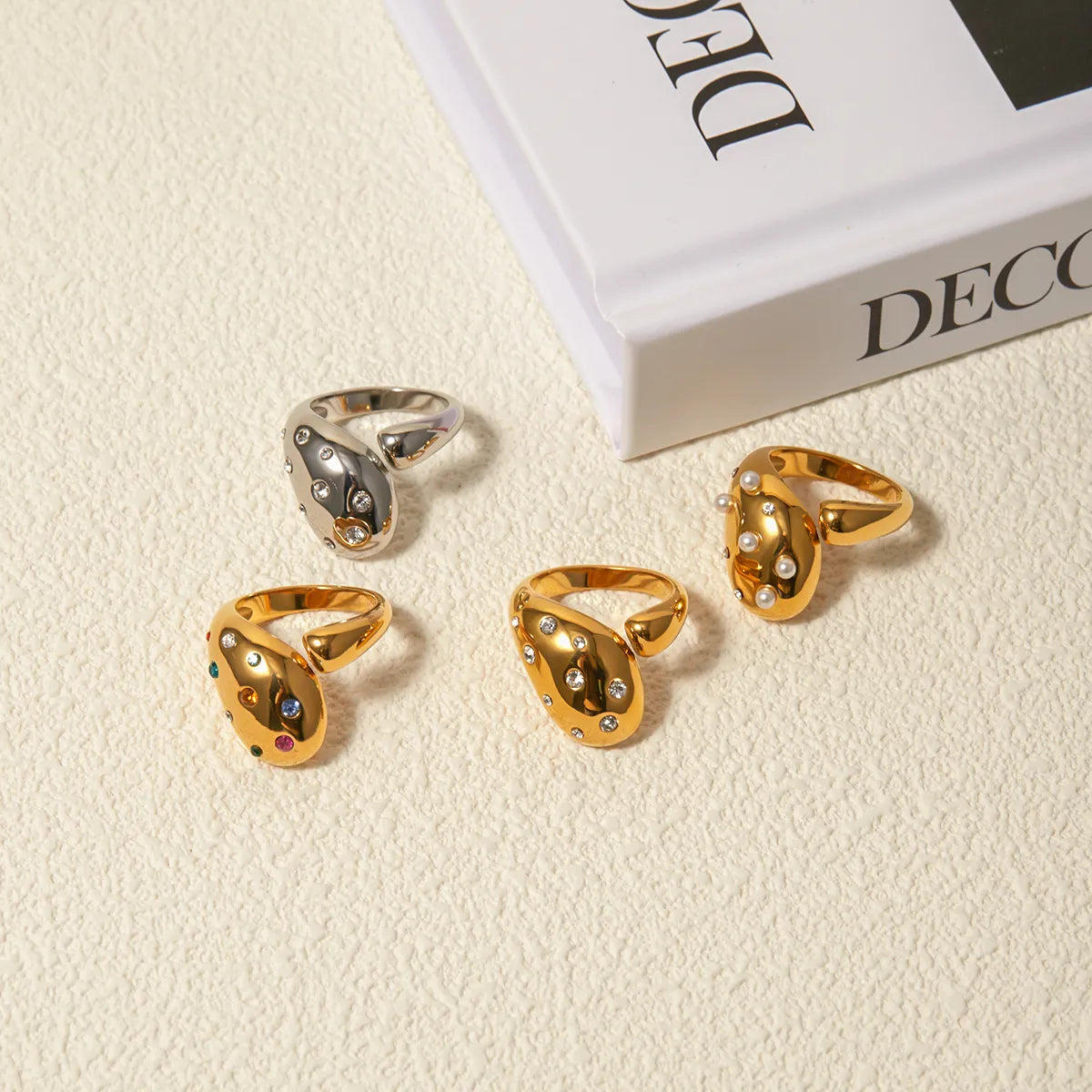 Ig Style Water Droplets Stainless Steel Zircon 18k Gold Plated Open Rings