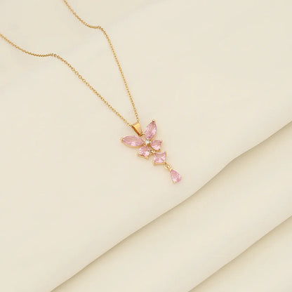 Wholesale IG Style Wedding Romantic Butterfly Stainless Steel Copper Plating Inlay 18K Gold Plated Glass Pendant Necklace