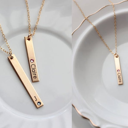 Engraved Birthstone Bar Necklace - Thin Personalized Birthstone Vertical Nameplate, Engraved Birthstone Necklace, Mother's Day Birthday