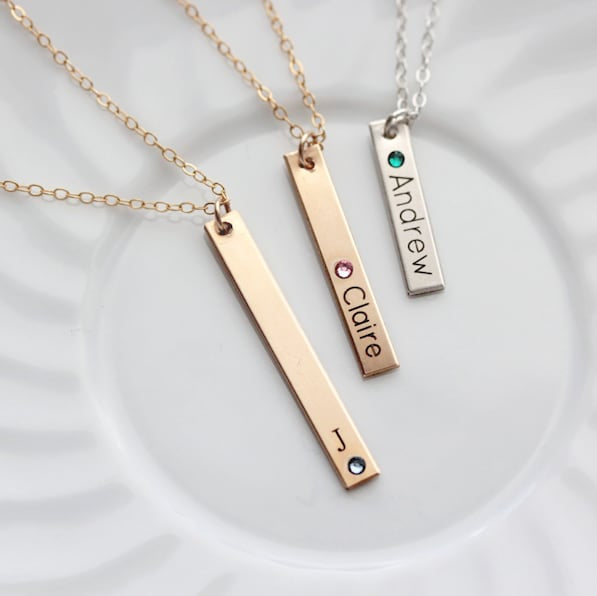 Engraved Birthstone Bar Necklace - Thin Personalized Birthstone Vertical Nameplate, Engraved Birthstone Necklace, Mother's Day Birthday