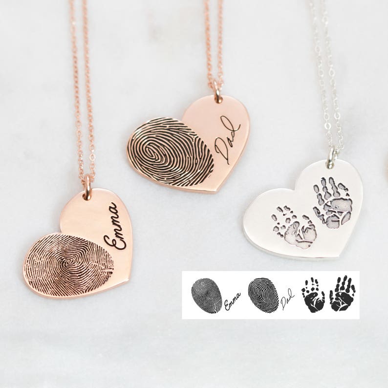 Actual Fingerprint Necklace • Engraved Fingerprint Handwriting Jewelry • Custom Heart Charm • Memorial Necklace • Personalized Gift