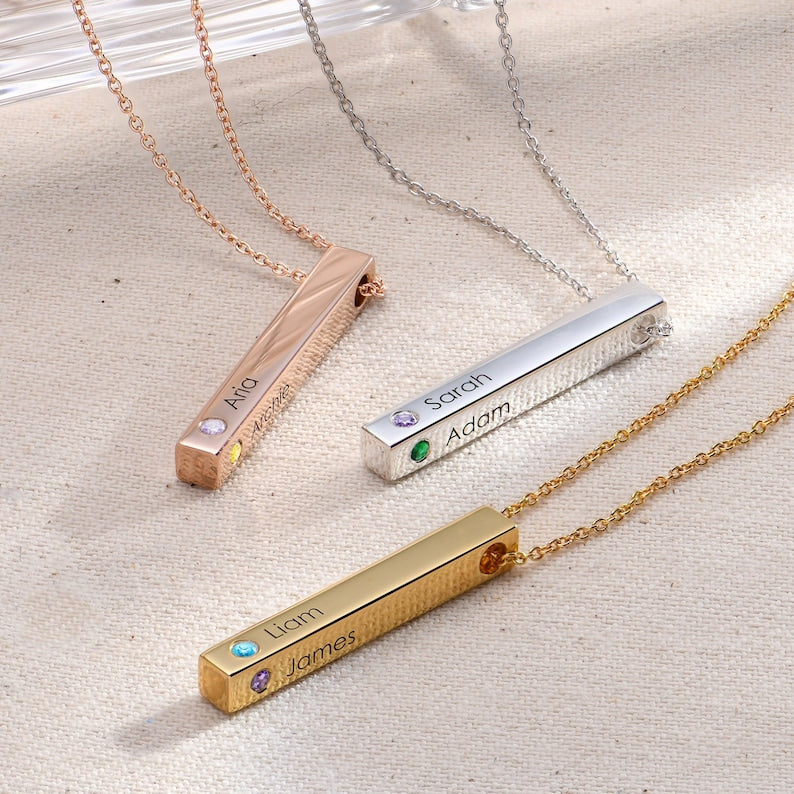Vertical Bar Silver and Gold Birthstones Necklace