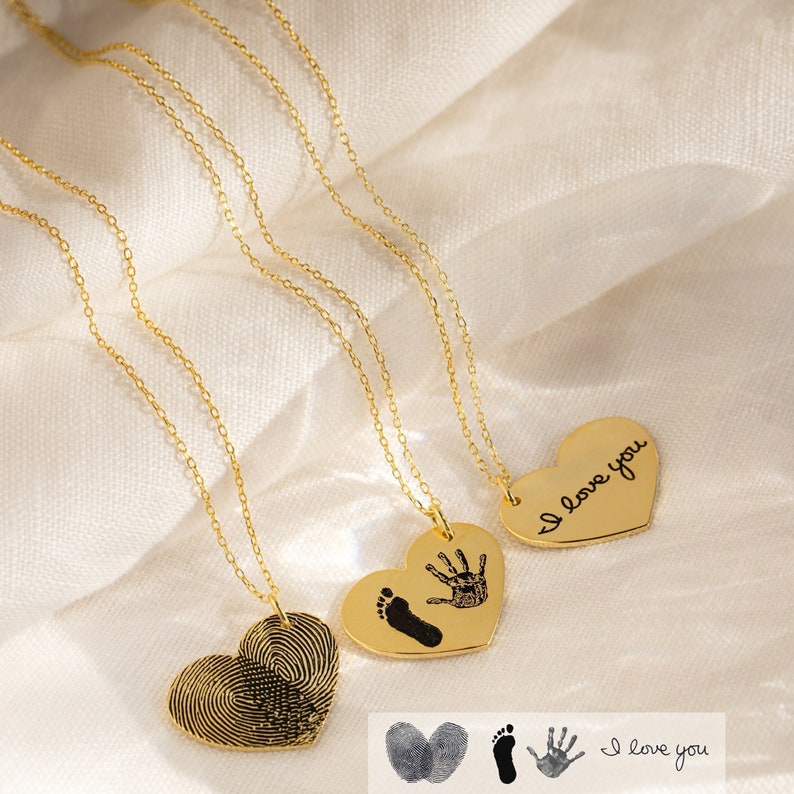 Actual Fingerprint Necklace • Engraved Fingerprint Handwriting Jewelry • Custom Heart Charm • Memorial Necklace • Personalized Gift