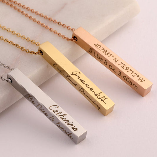 Vertical Bar Necklace for Women Personalized with place, Date, Name Engraved Necklace Gold Silver or Rose Gold 4 Name Necklace Bar Gift