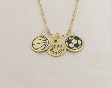Two Sports Player Necklace • Volleyball Basketball Cheer • Mom Necklace • Custom Name Number • Coach Gift • Mothers Day Necklace School