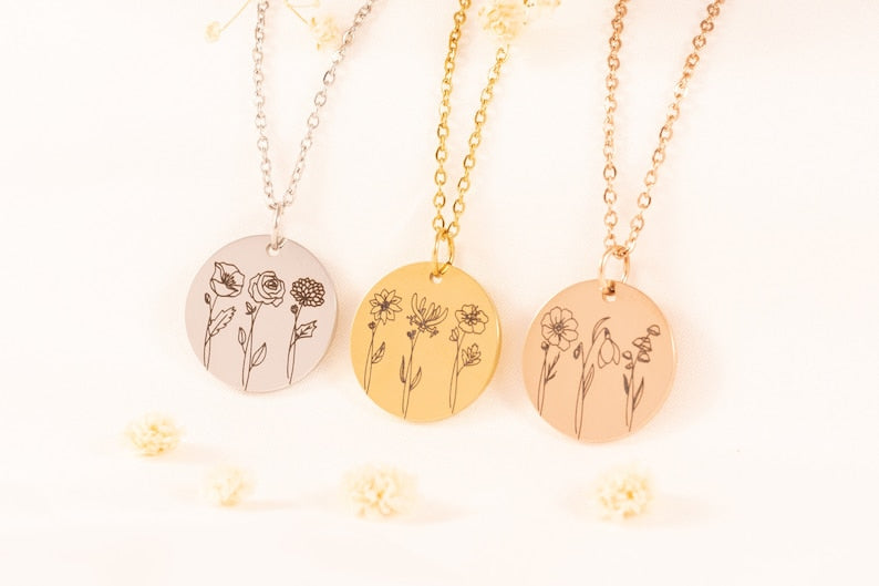 Personalized Combined Birth Month Flower Bouquet Necklace