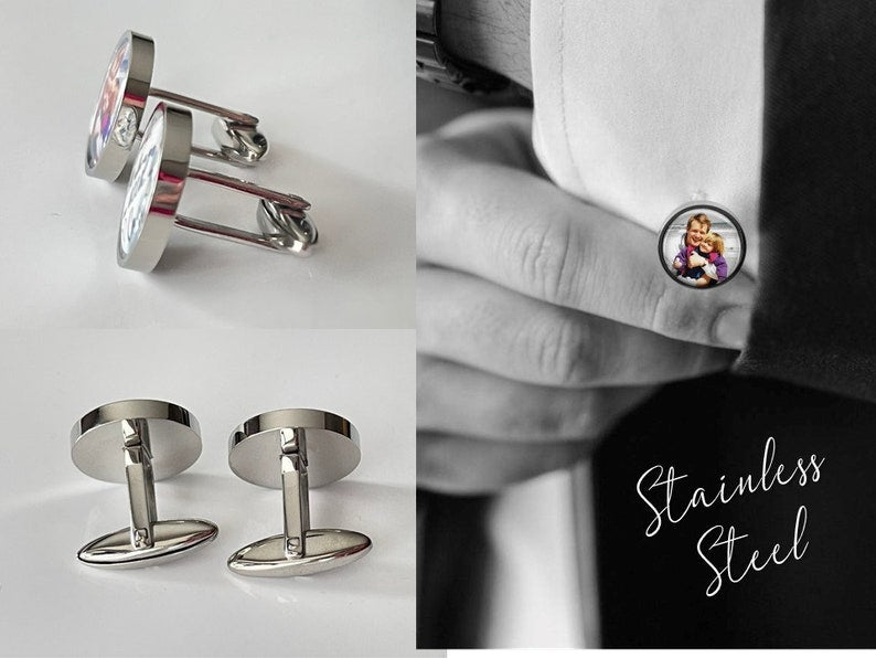 Photo Cufflinks - Men's Gift We put your Custom picture into Cufflinks for Groom or Dad- Round silver or stainless steel